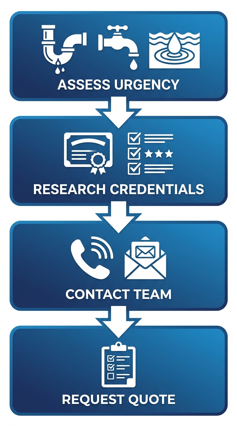 Vertical process flow diagram outlining 4 steps to hire a plumber in Encinitas: assess urgency, research credentials, contact team, request custom quote with icons and arrows