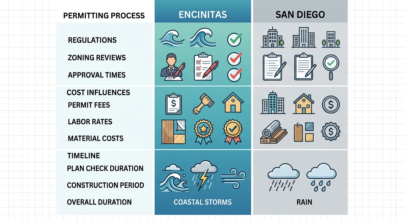 Infographic comparing home remodeling factors in Encinitas versus San Diego averages: permitting, costs, timelines with icons.