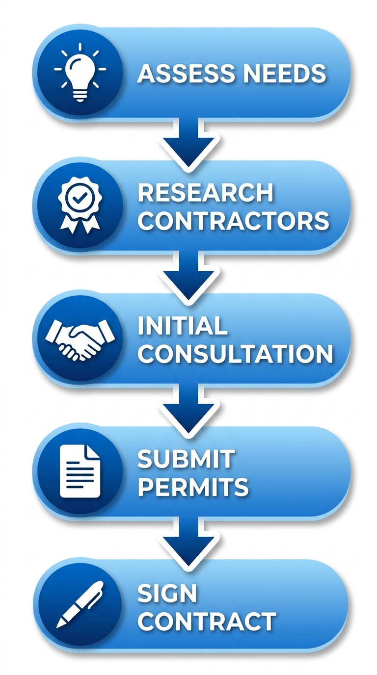 Vertical process flow diagram of five steps to begin Encinitas home remodel: assess needs, research contractors, consultation, permits, sign contract with icons.