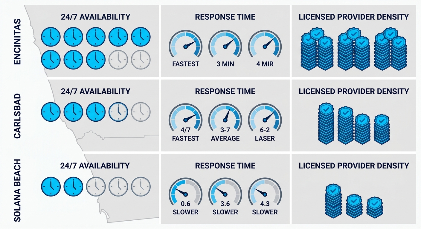 Infographic comparing emergency plumbing services in Encinitas, Carlsbad, and Solana Beach: availability levels, response times, licensed provider density with icons and subtle map background.