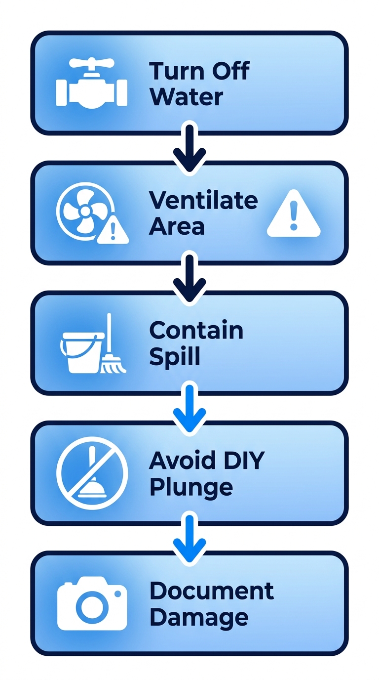 Vertical process flow diagram of 5 steps for handling plumbing emergencies in Encinitas: turn off water, ventilate, contain spill, avoid DIY plunging, document damage.