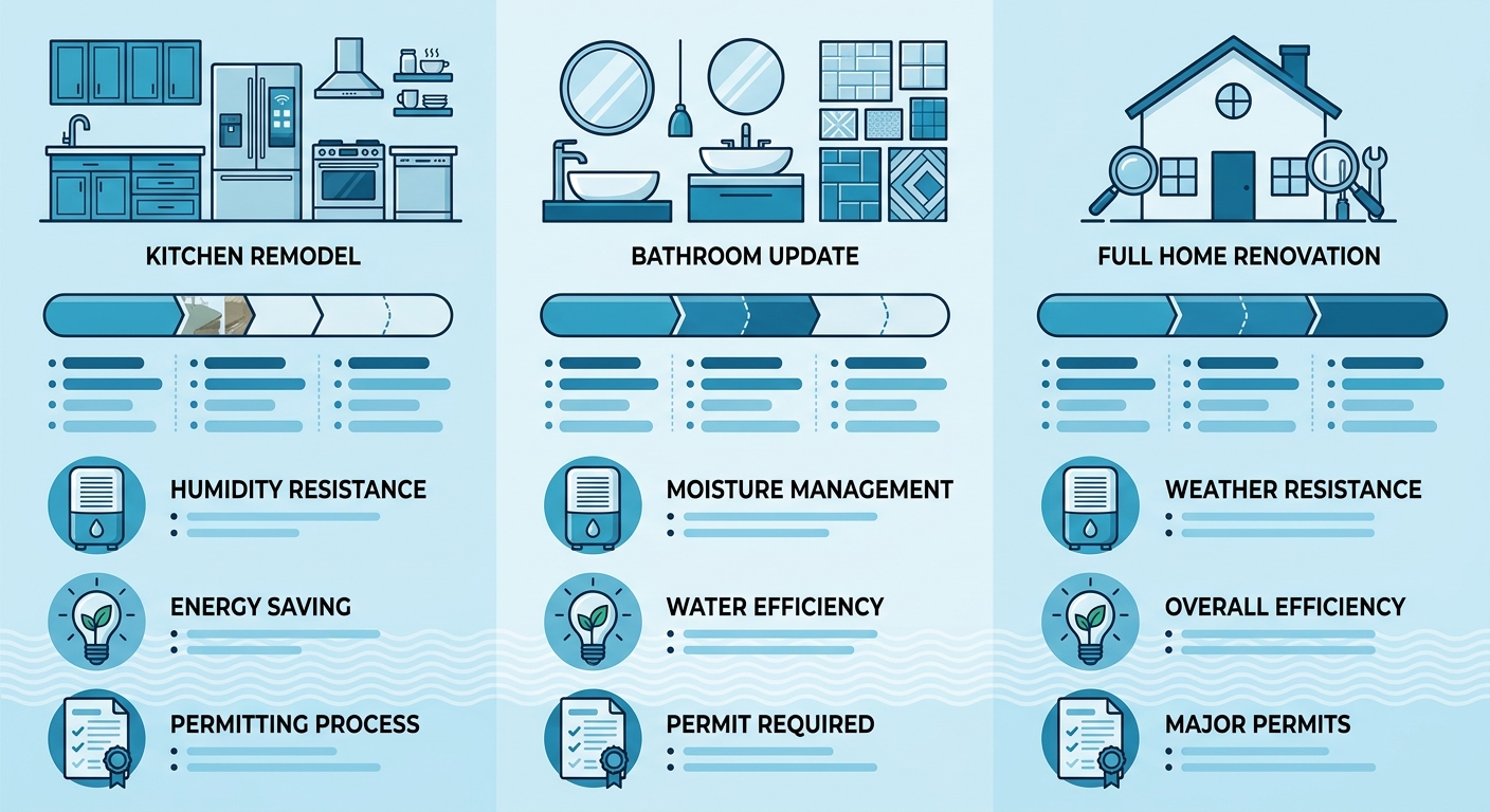 Infographic comparing Encinitas renovation projects: kitchen, bathroom, full home with timelines and key factors