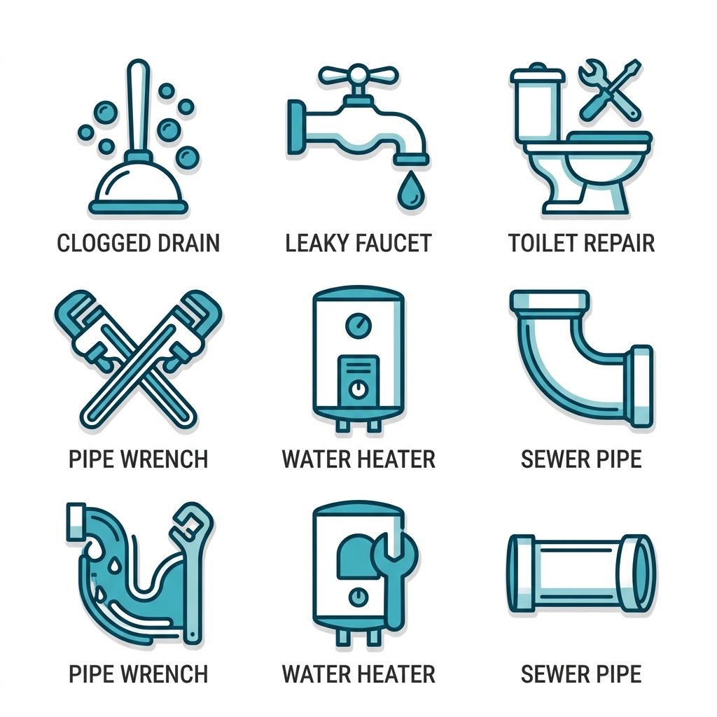 Square 2x3 grid of six outline icons for common plumbing repairs: clogged drain plunger, leaky faucet drip, toilet repair, pipe replacement wrench, water heater service, sewer line pipe, with minimal labels below.