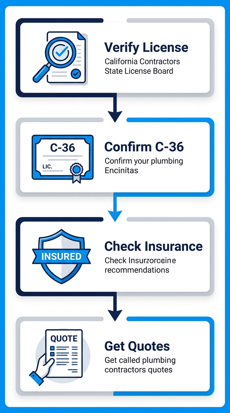 Vertical process flow diagram of four steps to hire reliable plumbing contractors: verify license, confirm C-36 scope, check insurance, get quotes.