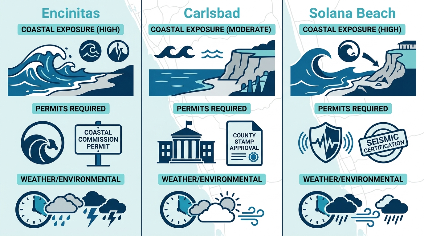 Infographic comparing coastal exposure, permits, and project adjustments for Encinitas, Carlsbad, Solana Beach remodeling.