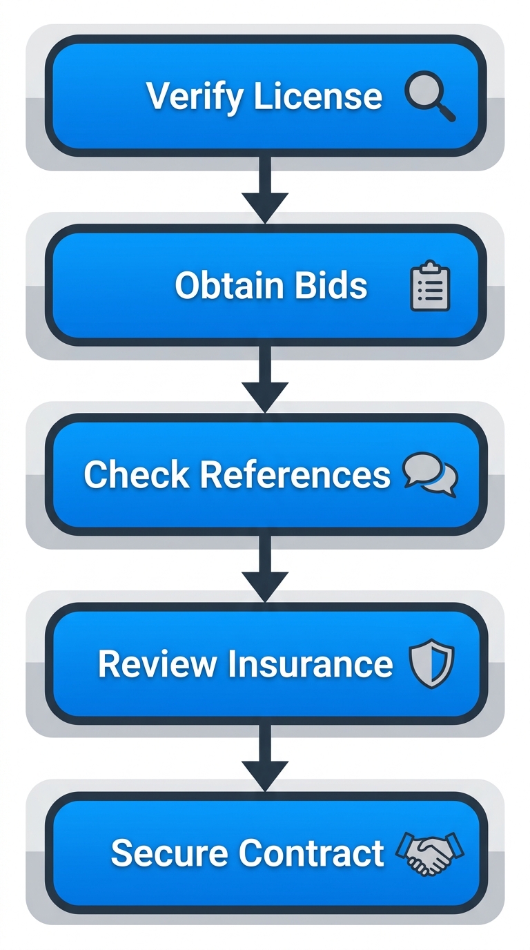 Vertical process flow diagram of 5 steps to hire a reliable plumber: verify license, obtain bids, check references, review insurance, secure contract