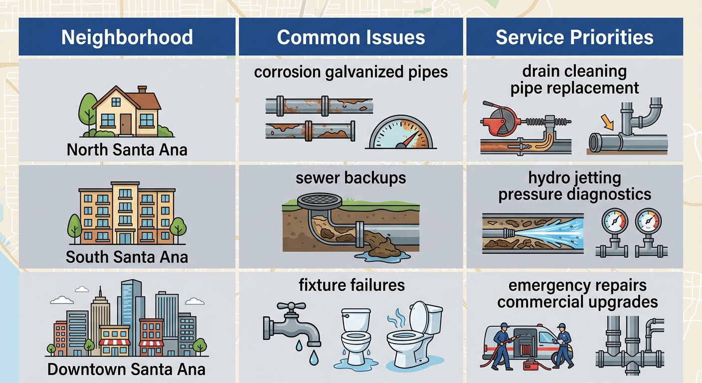 Infographic table comparing plumbing issues and service priorities in North, South, and Downtown Santa Ana neighborhoods with icons.