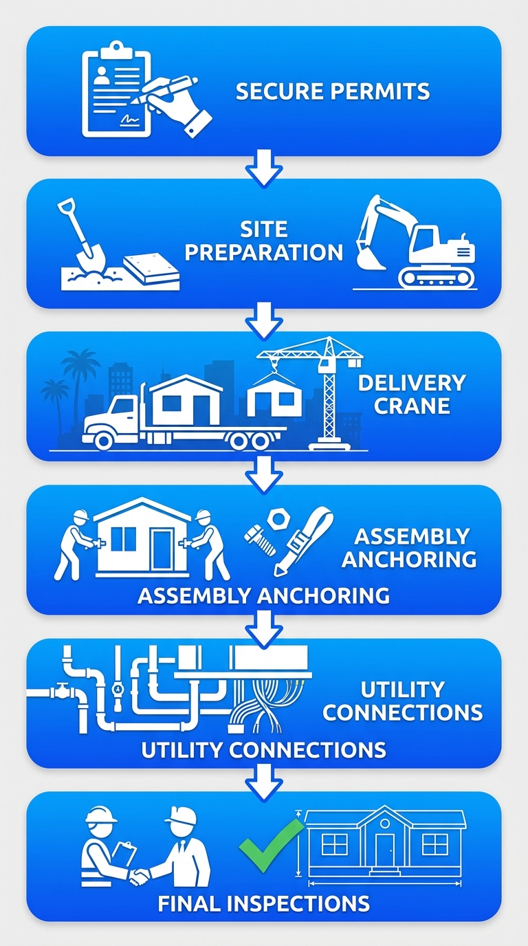 Vertical process flow diagram illustrating 6 steps for manufactured home installation in Santa Ana with icons and minimal labels