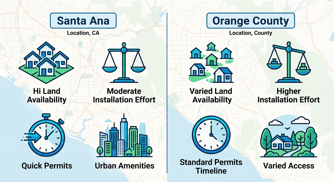 Infographic comparing manufactured home placement factors in Santa Ana versus Orange County