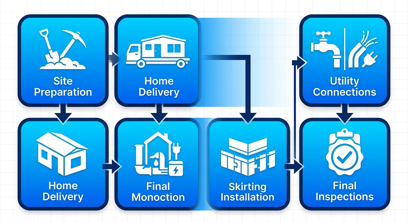 Vertical process flow diagram illustrating five stages of manufactured home installation: site preparation, home delivery, utility connections, skirting, and final inspections