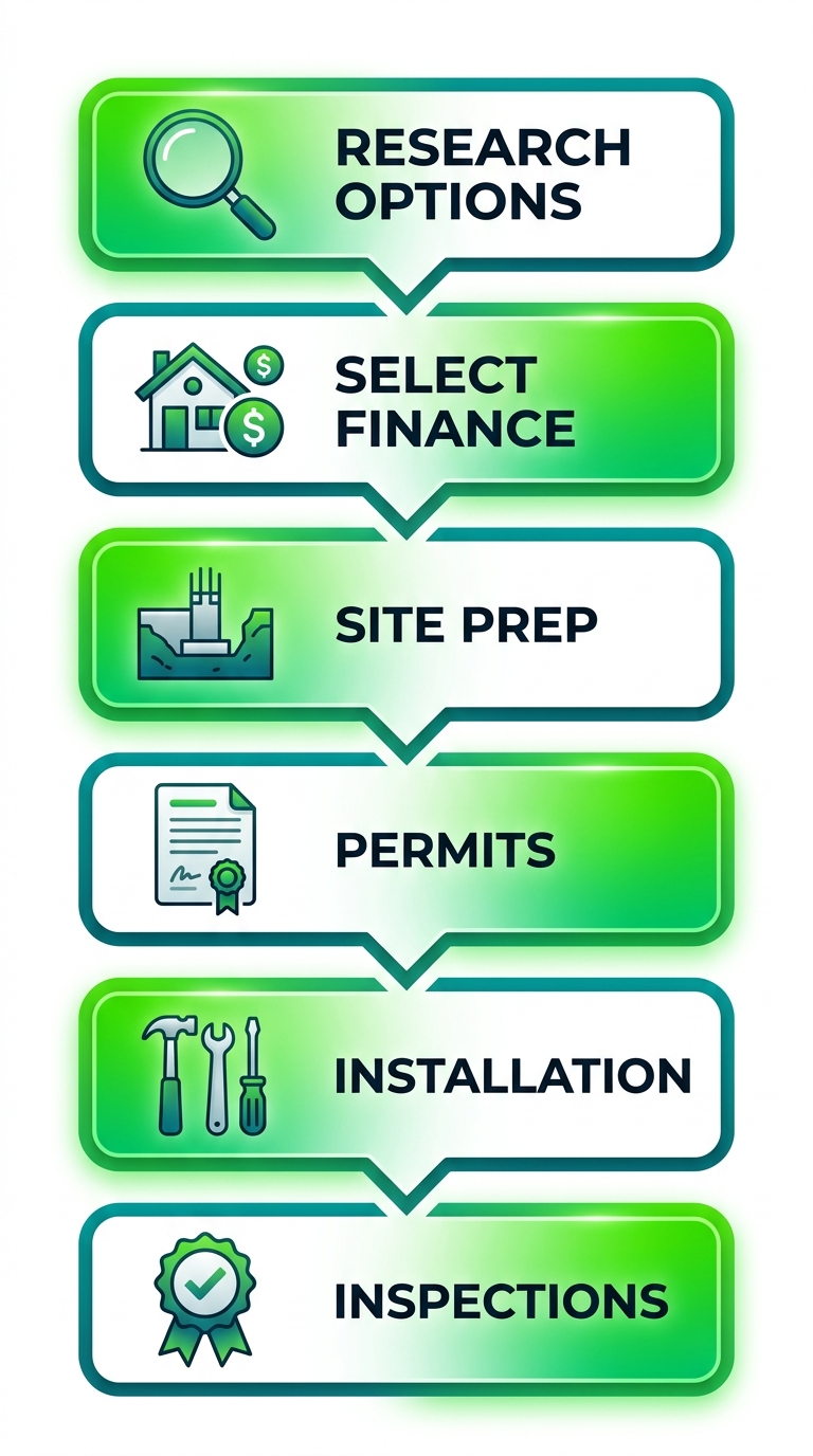 Vertical process flow diagram showing six stages to acquire a Santa Ana manufactured home: research options, select and finance, site preparation, permits, installation and setup, inspections.