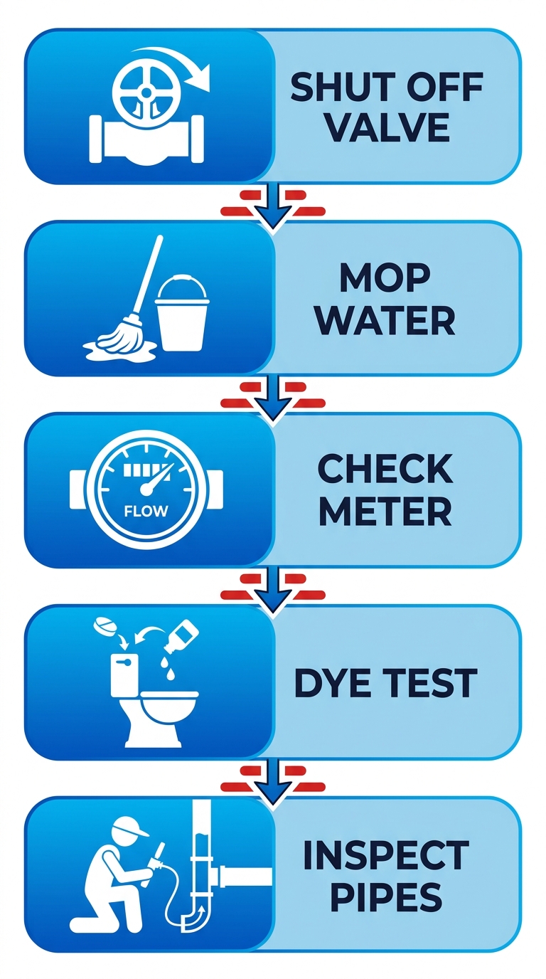 Vertical process flow diagram illustrating five steps for responding to plumbing emergencies: shut off valve, mop water, check meter for leaks, toilet dye test, inspect pipes.