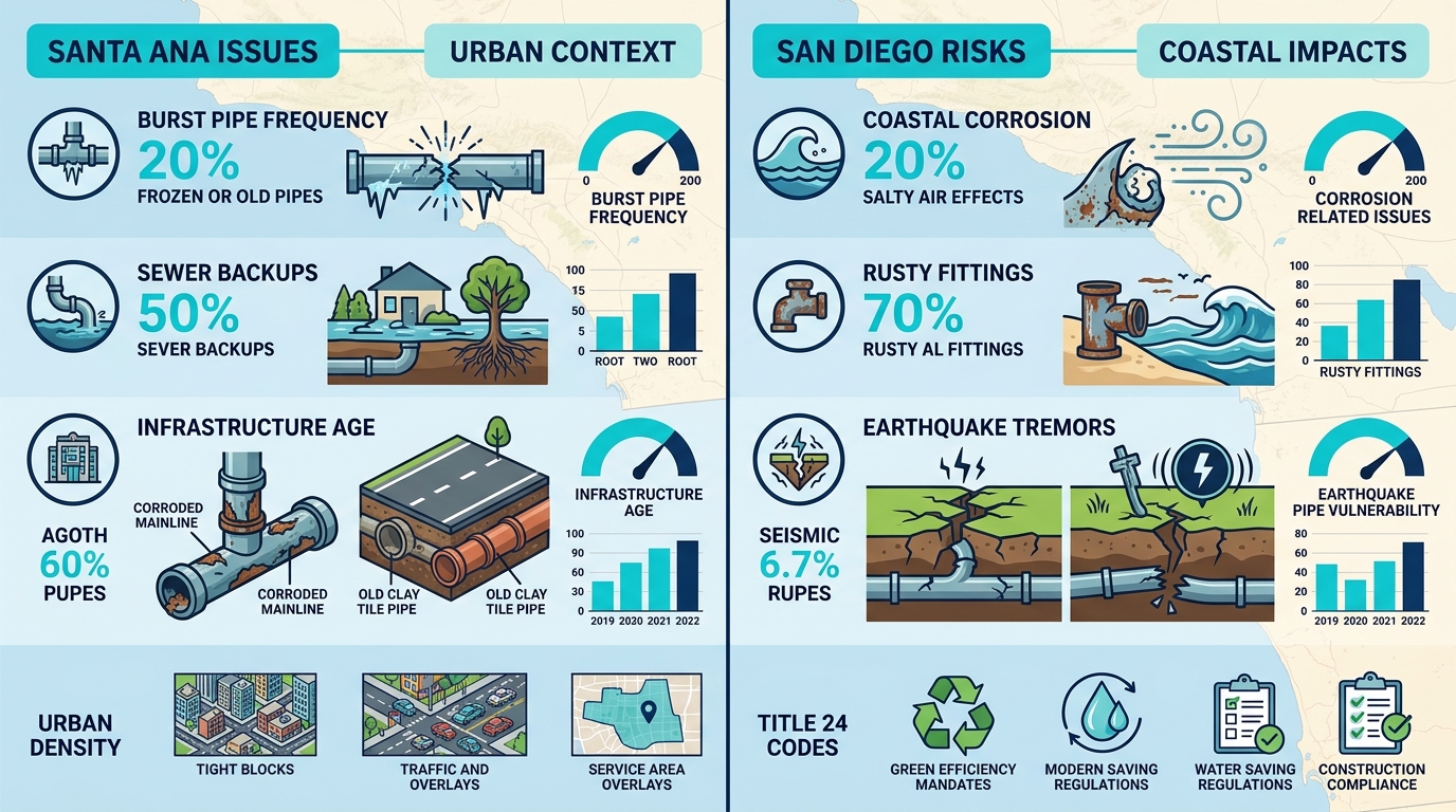 Infographic comparing plumbing emergencies and factors in Santa Ana versus San Diego regions