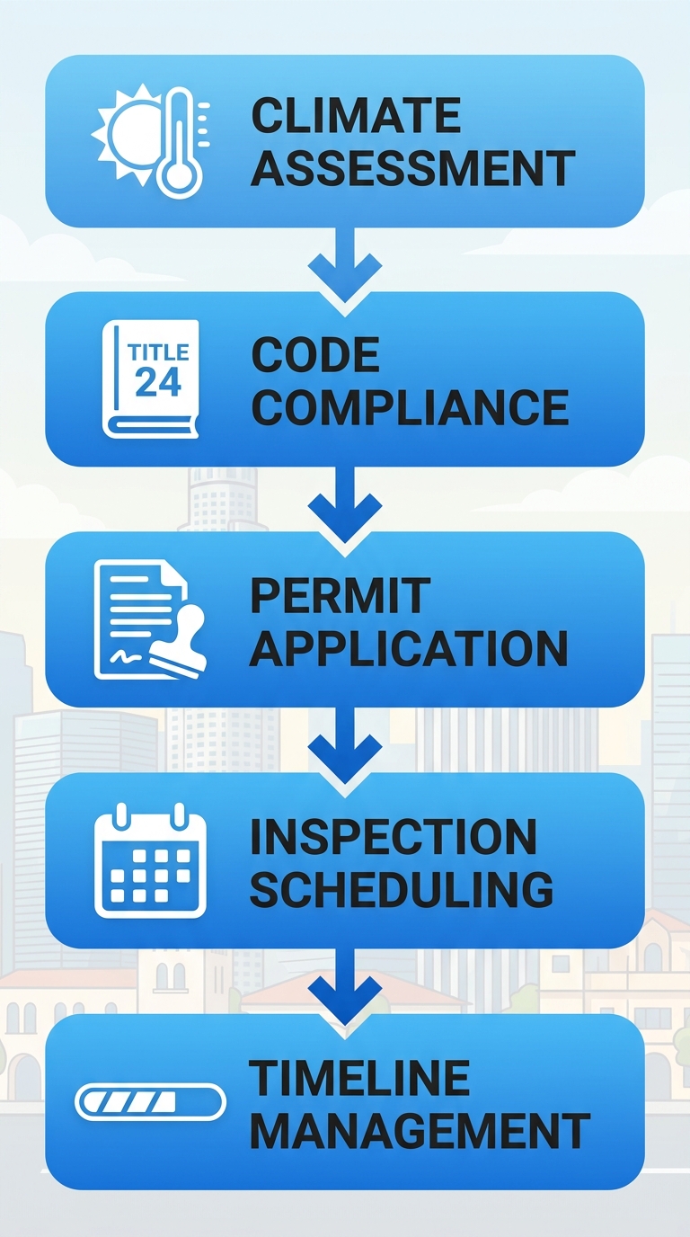 Vertical process flow diagram of five key stages for HVAC projects in Santa Ana: climate assessment, code compliance, permit application, inspection scheduling, timeline management.