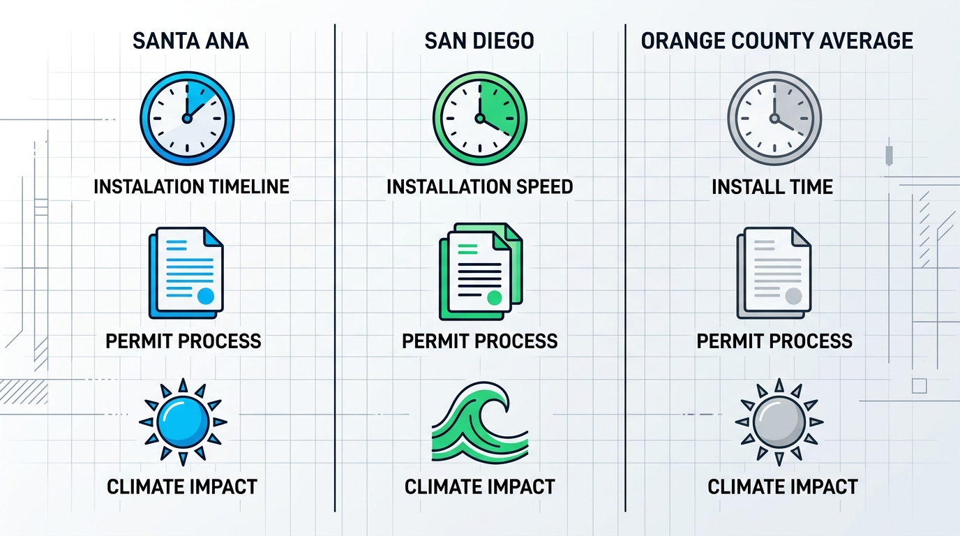 Infographic comparing HVAC project timelines, permits, and climate impacts in Santa Ana, San Diego, and Orange County average with icons and color accents