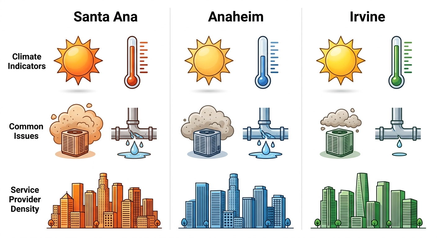 Infographic comparing HVAC demand landscape across Santa Ana, Anaheim, and Irvine using city-specific icons for climate, issues, and provider density.