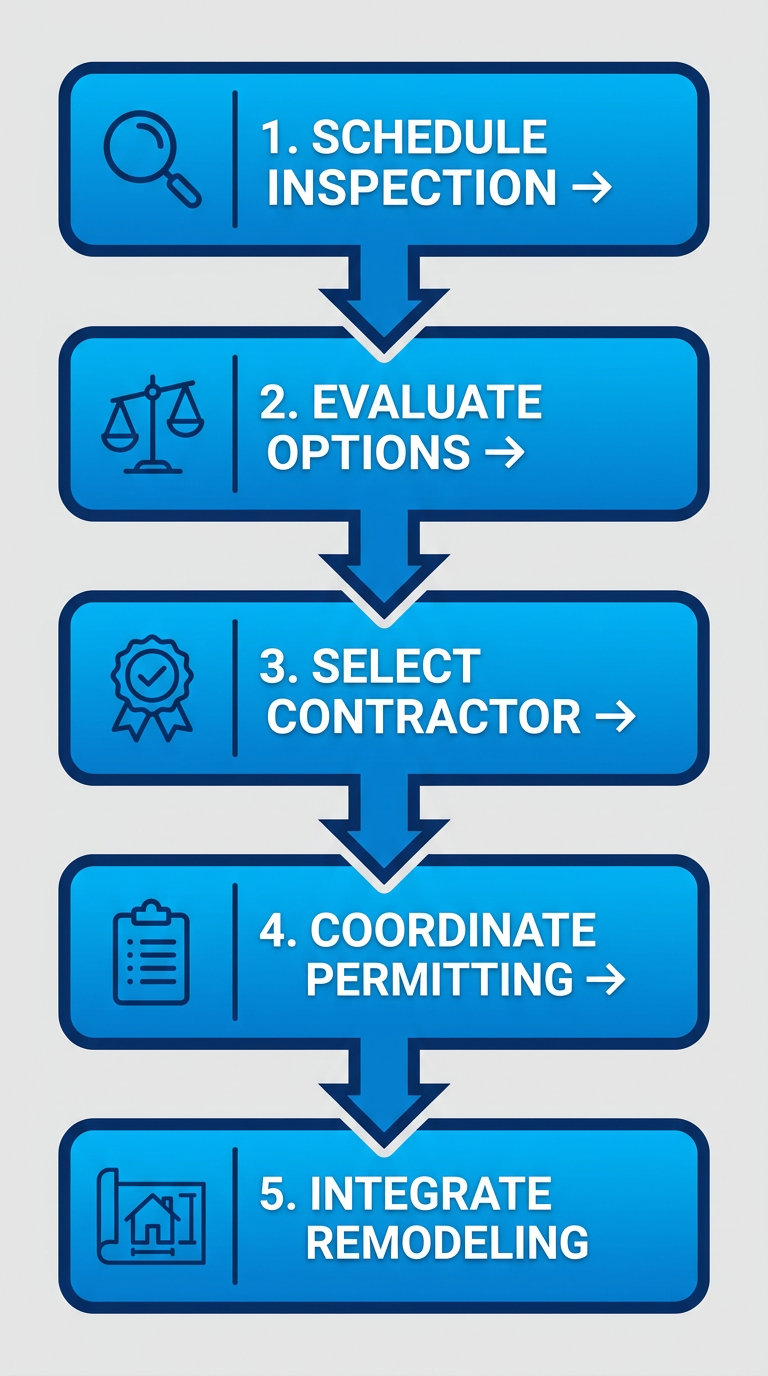 Vertical process flow diagram showing five steps to address HVAC needs: schedule inspection, evaluate repair vs installation, select contractor, coordinate permitting, integrate with remodeling, with icons and blueprint style.