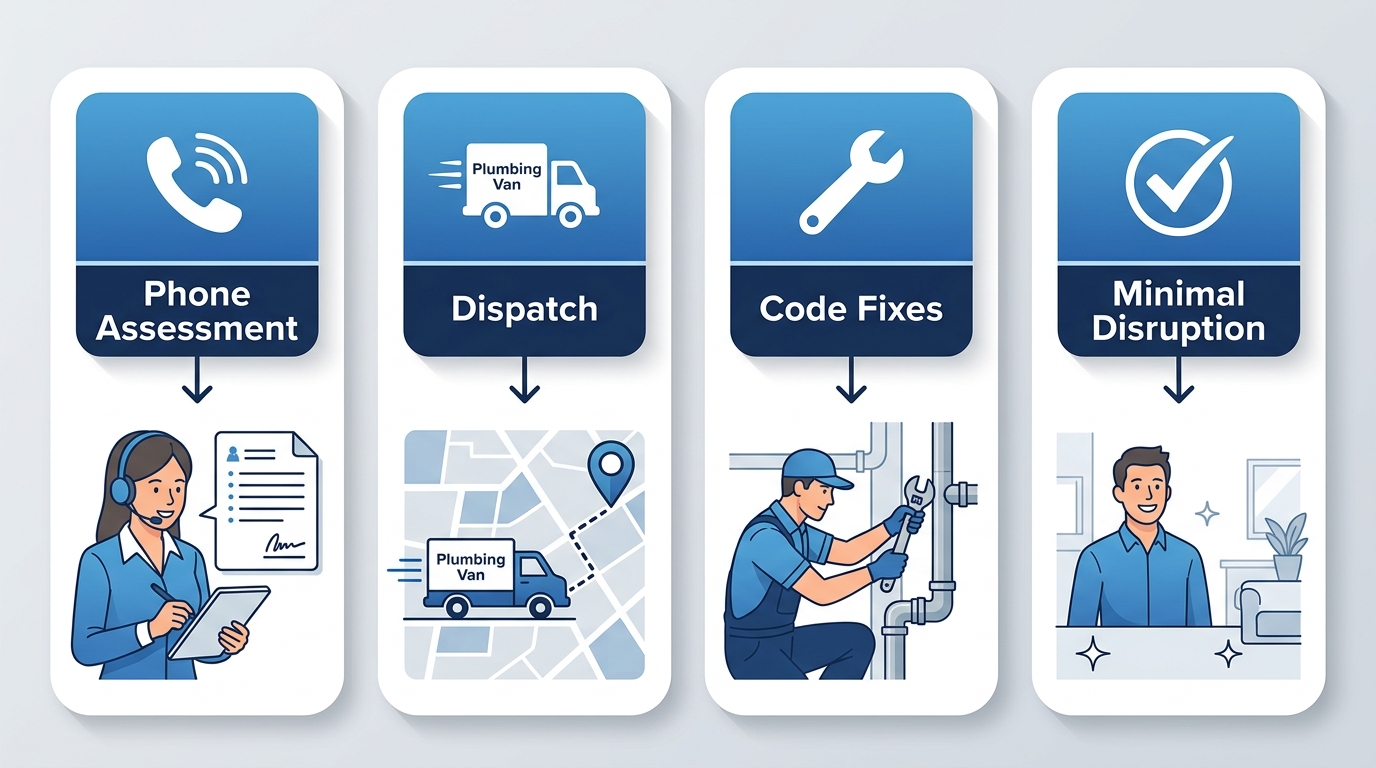 Vertical process flow diagram of four emergency plumbing service stages: phone assessment, same-day dispatch, code-compliant fixes, and minimal disruption.
