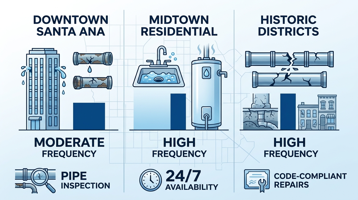 Infographic comparing plumbing issues and frequencies in Santa Ana neighborhoods: Downtown, Midtown residential, Historic Districts with icons, bars, and service recommendations.