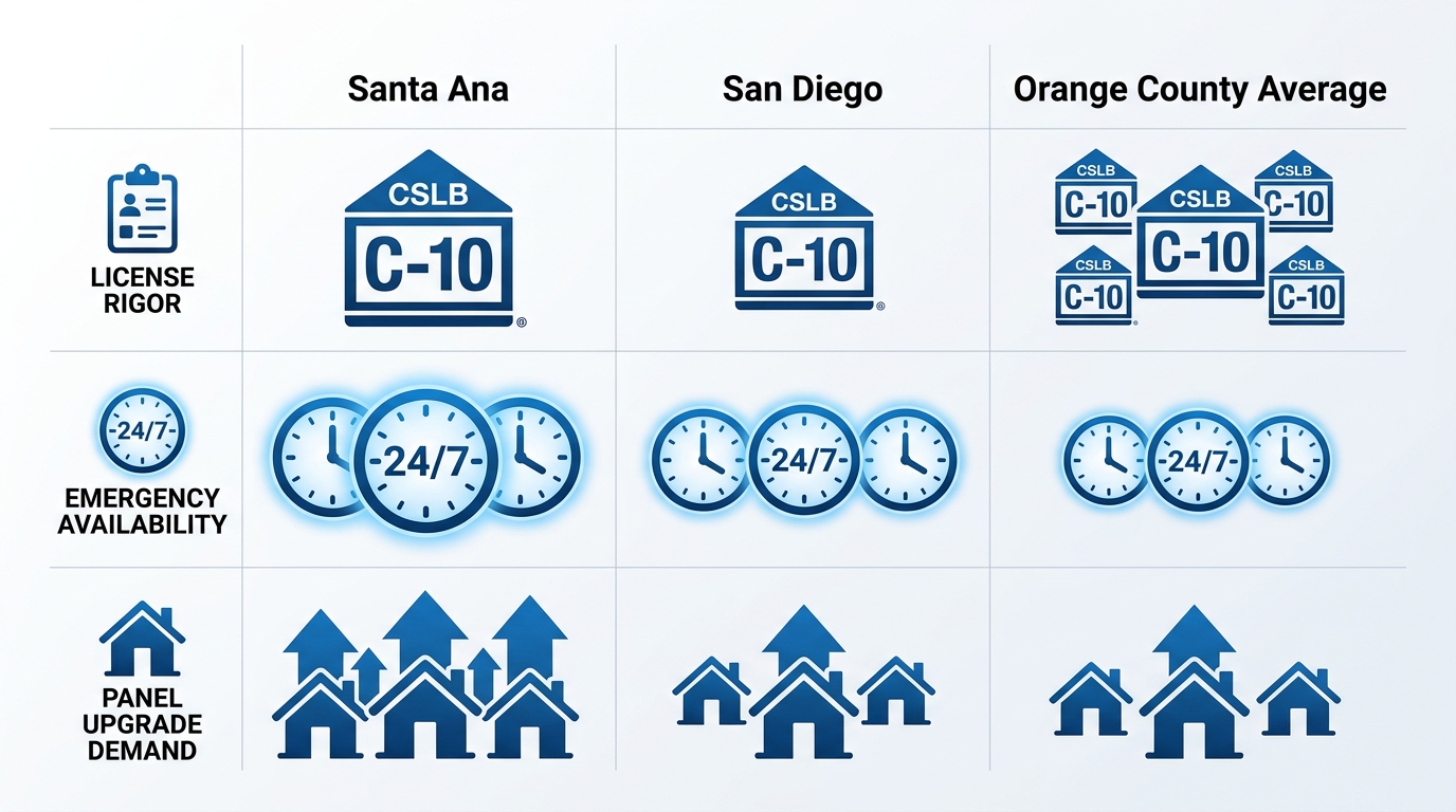 Infographic comparing electrical services landscape in Santa Ana, San Diego, and Orange County average with icons for licenses, emergency availability, and panel upgrades