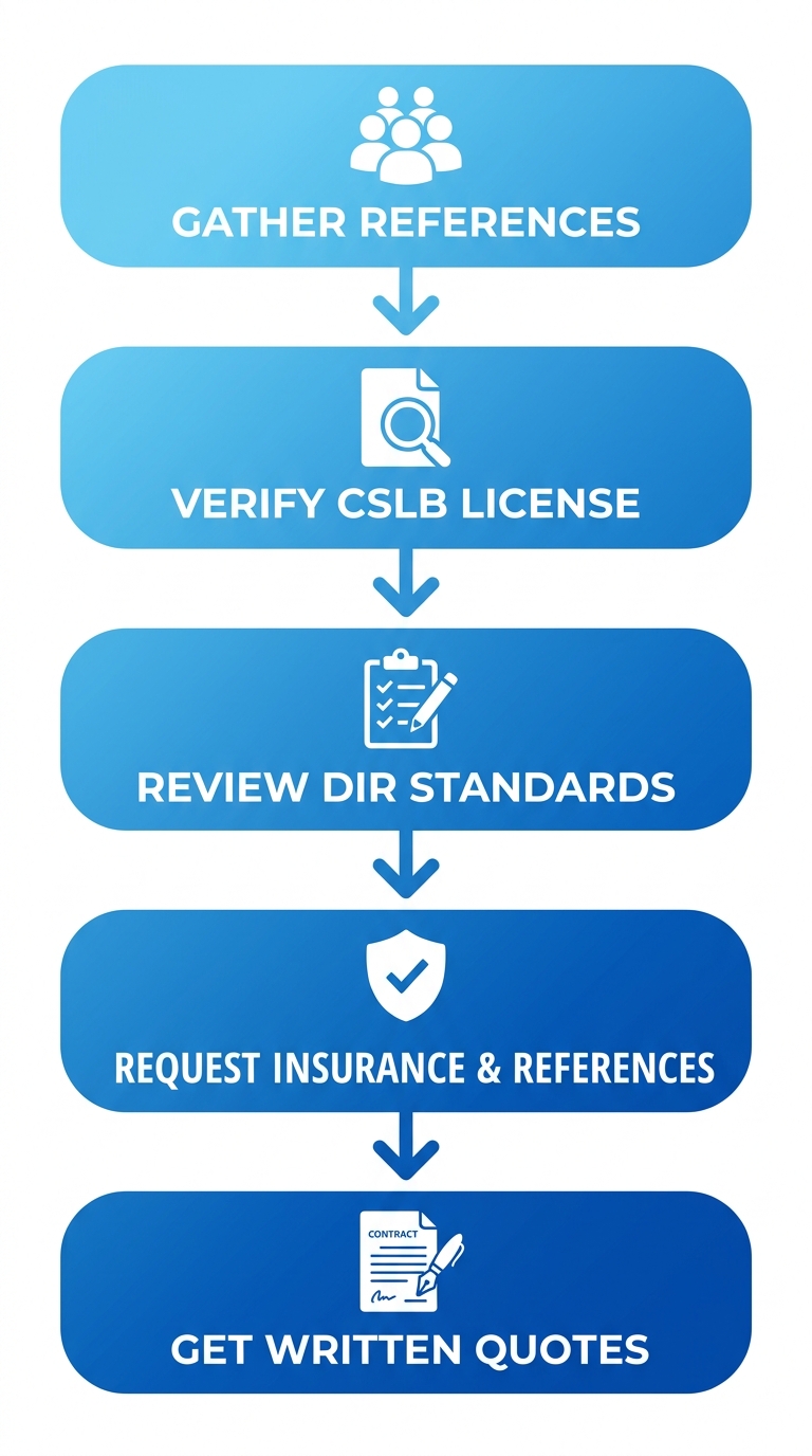 Vertical process flow diagram for hiring an electrician in Santa Ana with five stages: Gather References, Verify CSLB License, Review DIR Standards, Request Insurance and References, Get Written Quotes