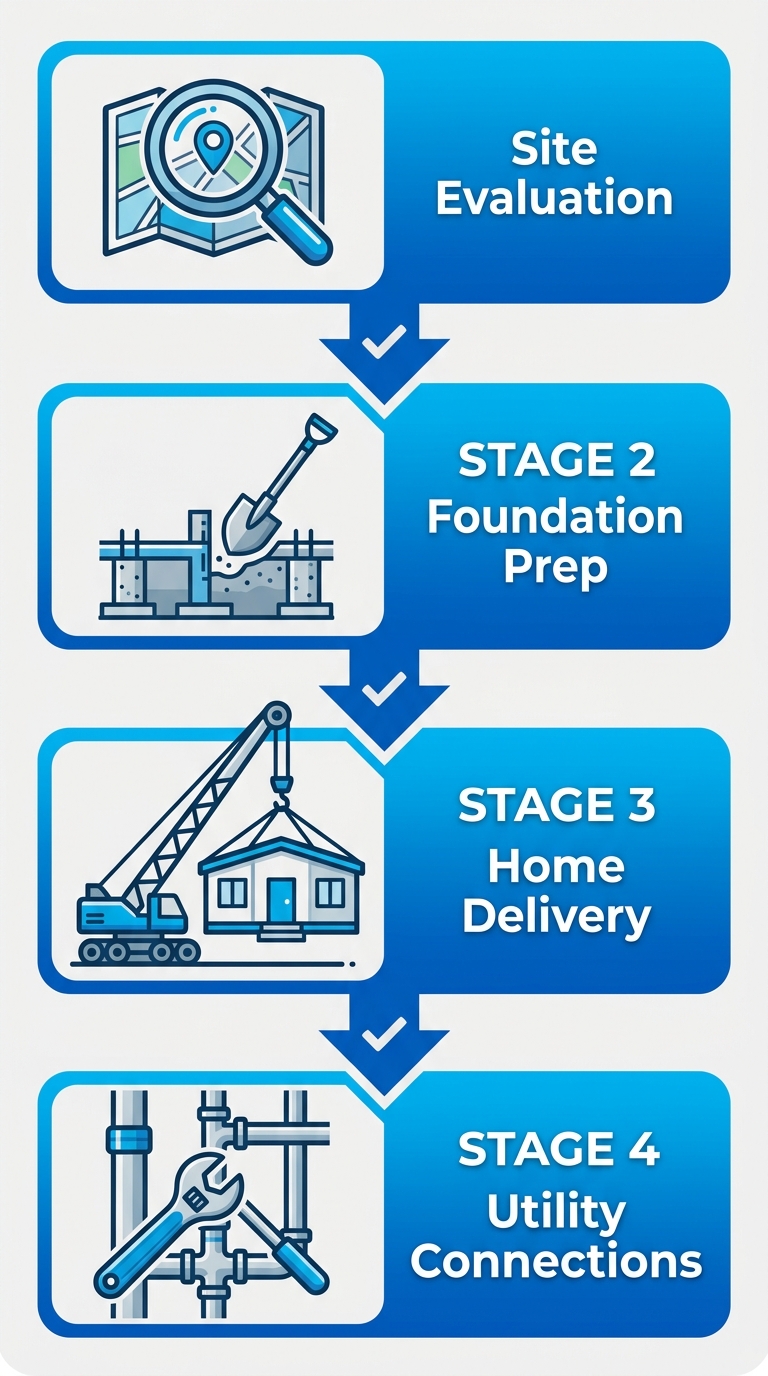 Vertical process flow diagram illustrating four key steps for manufactured home installation: site evaluation, foundation preparation, home delivery and anchoring, utility connections.