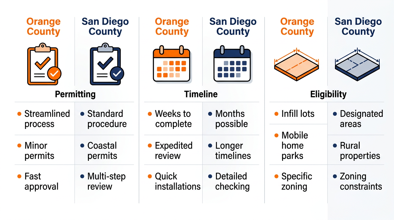 Infographic comparing key aspects of manufactured home permitting requirements, installation timeline, and land eligibility in Orange County versus San Diego County using icons and contrasting colors.