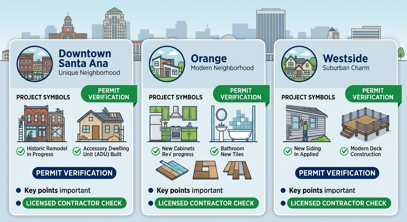 Infographic comparing key Santa Ana neighborhoods for construction projects including remodels, ADUs, flooring, and renovations