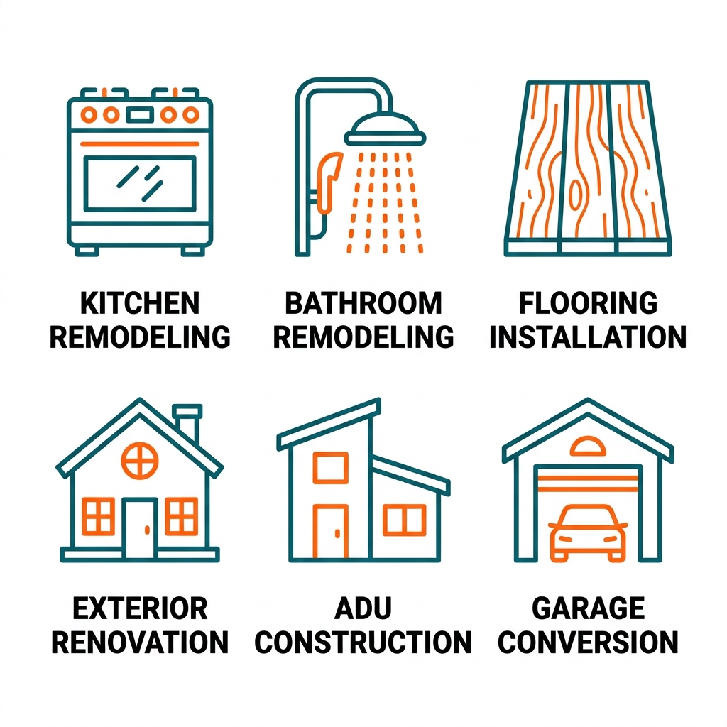 2x3 grid of outline icons depicting kitchen remodeling, bathroom remodeling, flooring installation, exterior renovation, ADU construction, and garage conversion services with short labels