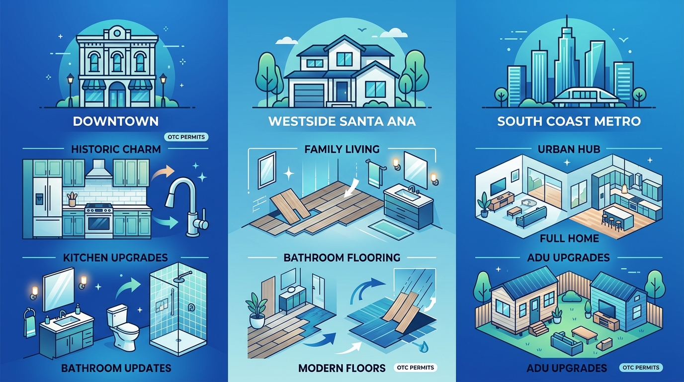 Infographic comparing Downtown Santa Ana, Westside, and South Coast Metro for home remodeling with icons and permit notes