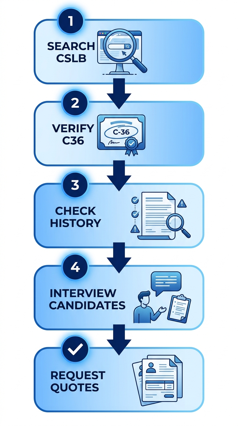 Vertical process flow diagram illustrating 5 steps to select and hire commercial plumbers in Del Mar using CSLB verification: search county list, verify C36 license, check history and insurance, interview candidates, request quotes.
