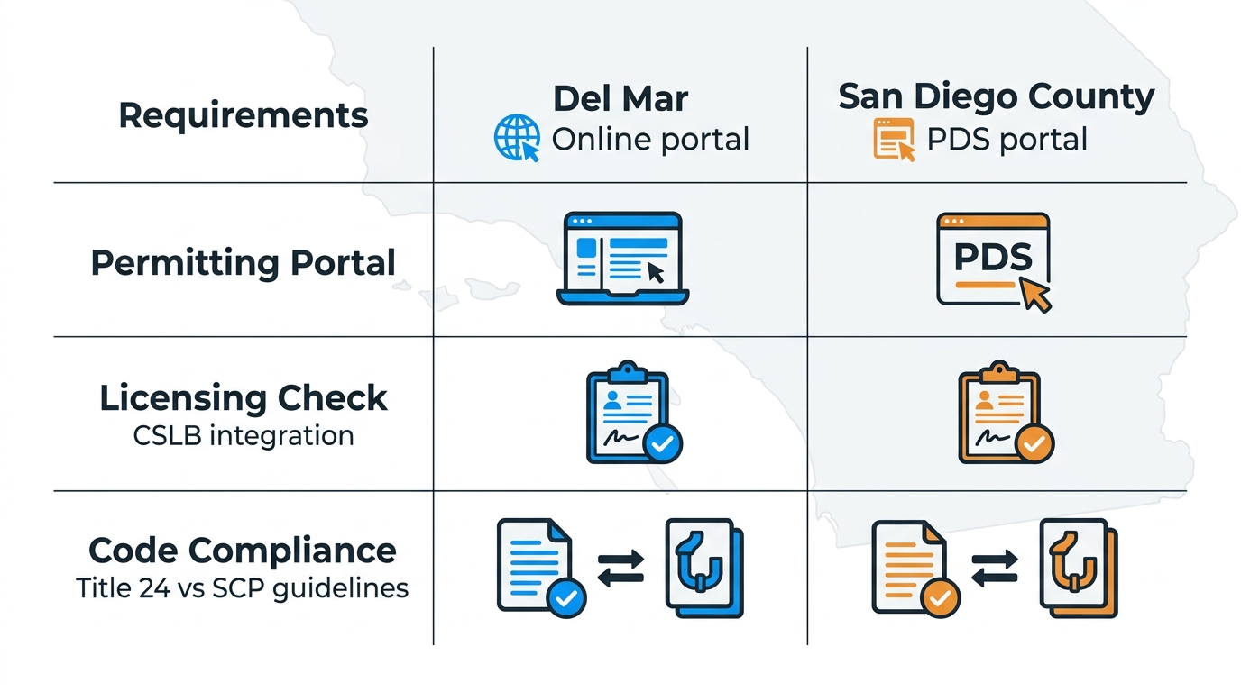 Infographic comparing commercial plumbing permitting processes between Del Mar and San Diego County, showing portals, licensing, and code compliance differences