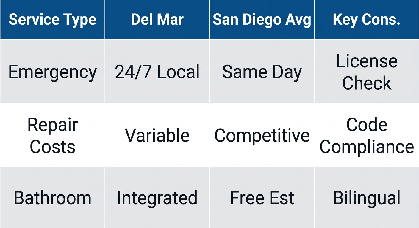 Infographic table comparing plumbing services in Del Mar versus San Diego averages, covering emergency response, repair costs, and bathroom repairs with key considerations.
