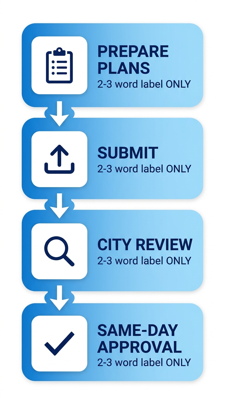 Vertical process flow diagram of Santa Ana Over-the-Counter Plan Check for remodels with four stages: prepare plans, submit, city review, same-day approval.