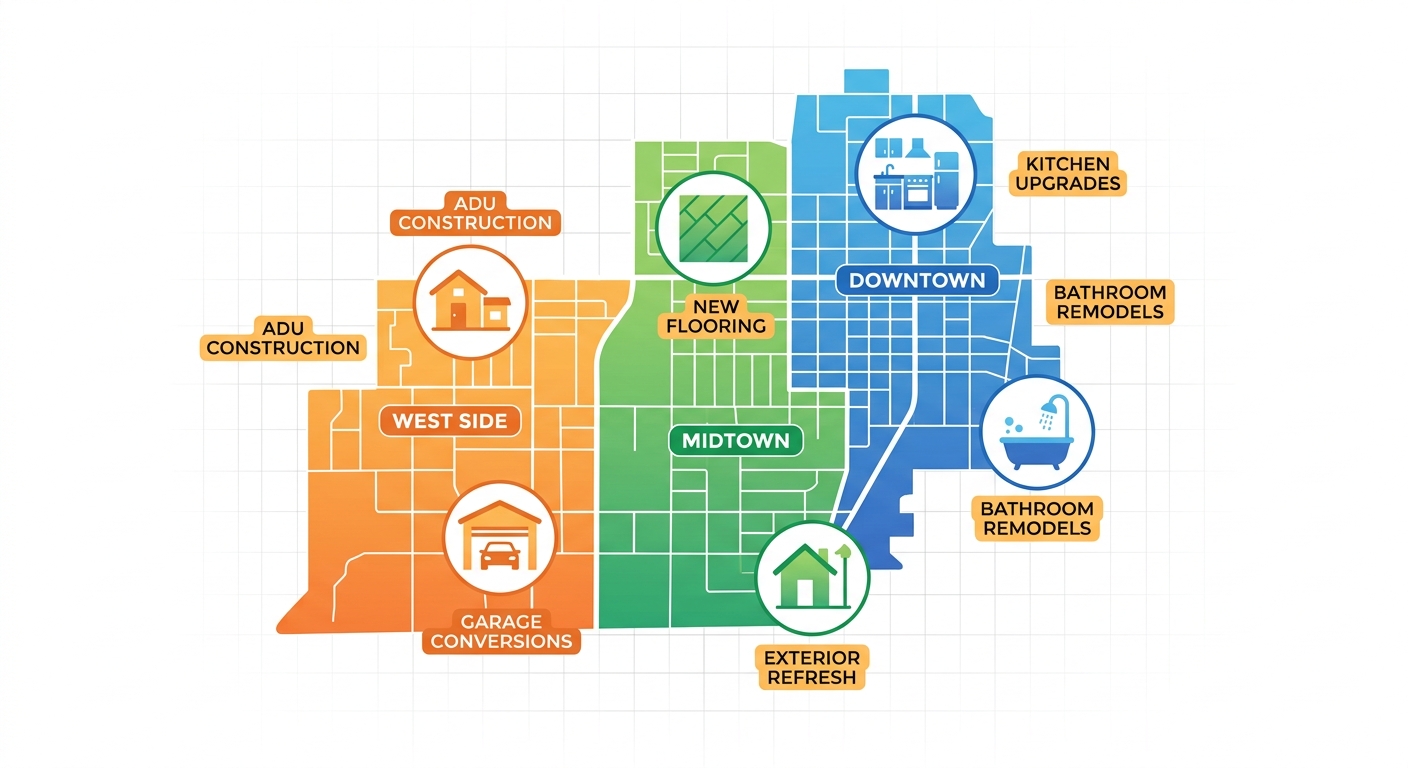 Stylized infographic map of Santa Ana remodeling landscape with icons for popular projects in Downtown, Midtown, and West Side neighborhoods.