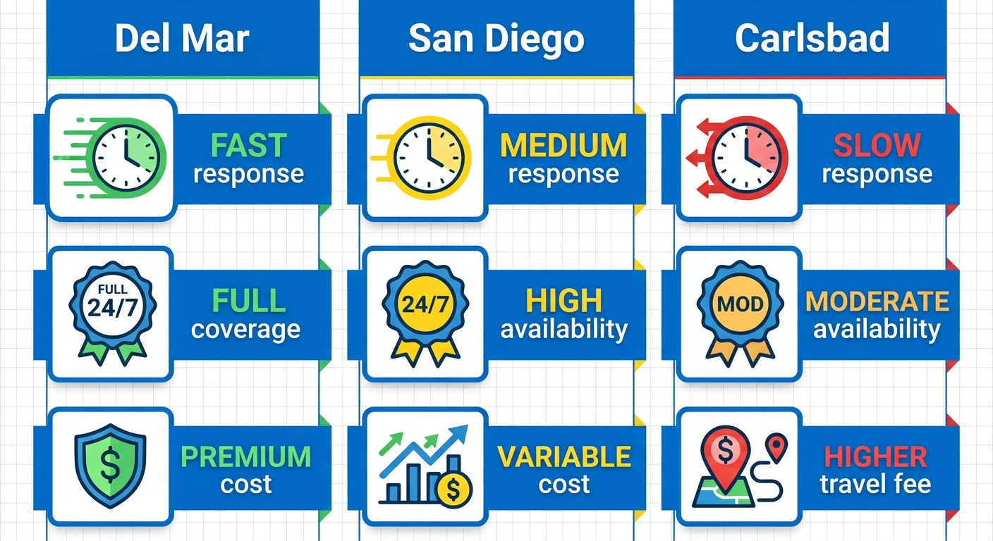 Infographic comparing emergency plumbing response times, availability, and costs in Del Mar, San Diego, and Carlsbad