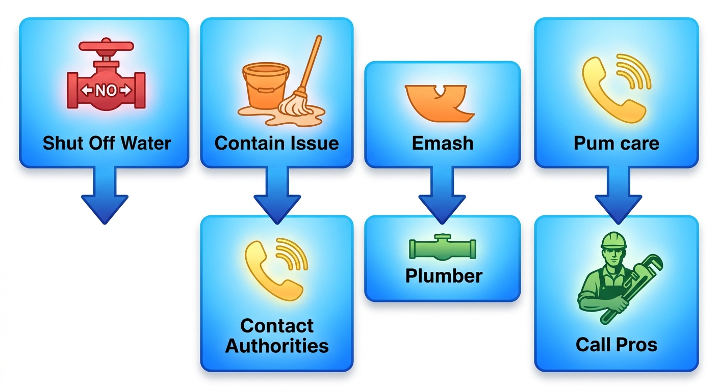 Vertical process flow diagram showing four initial steps for Del Mar plumbing emergencies: shut off water, contain issue, contact authorities, call professional service.
