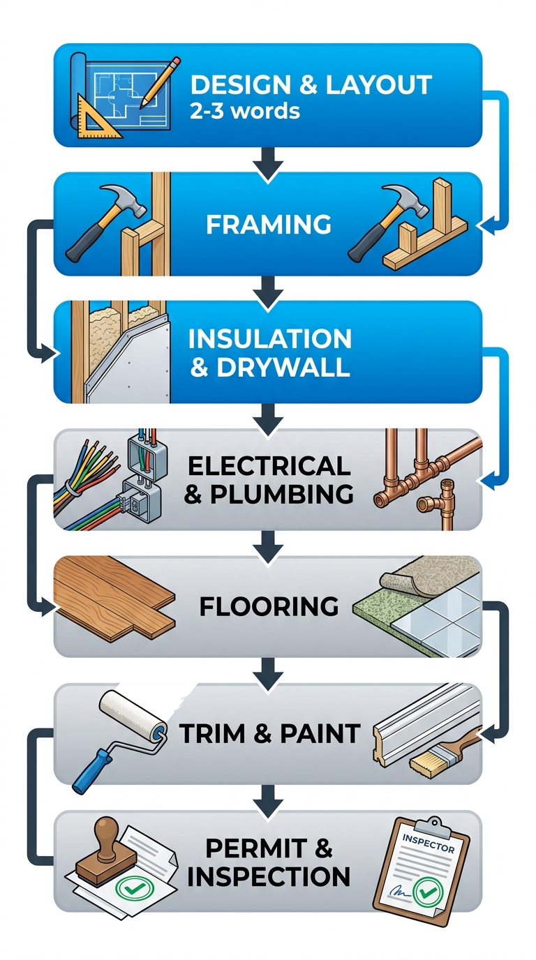 Vertical process flow diagram of seven stages in basement finishing from design to inspection