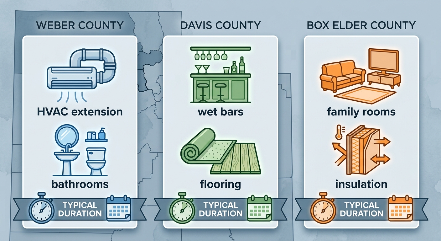 Infographic comparing basement remodeling features across Weber, Davis, and Box Elder Counties in Northern Utah with county-specific icons and timelines