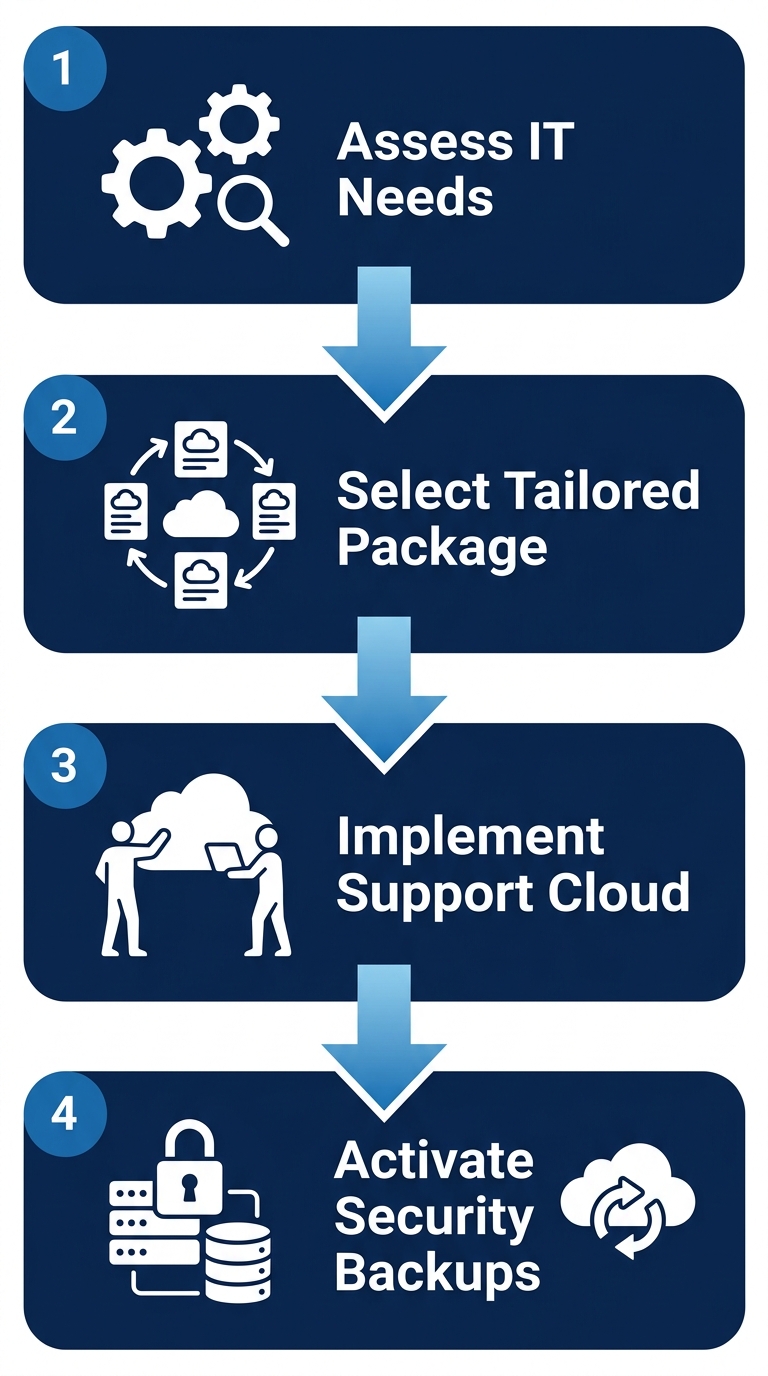 Vertical process flow diagram with four stages: assess IT needs, select package, implement support and cloud, activate cyber security and backups for managed IT services.