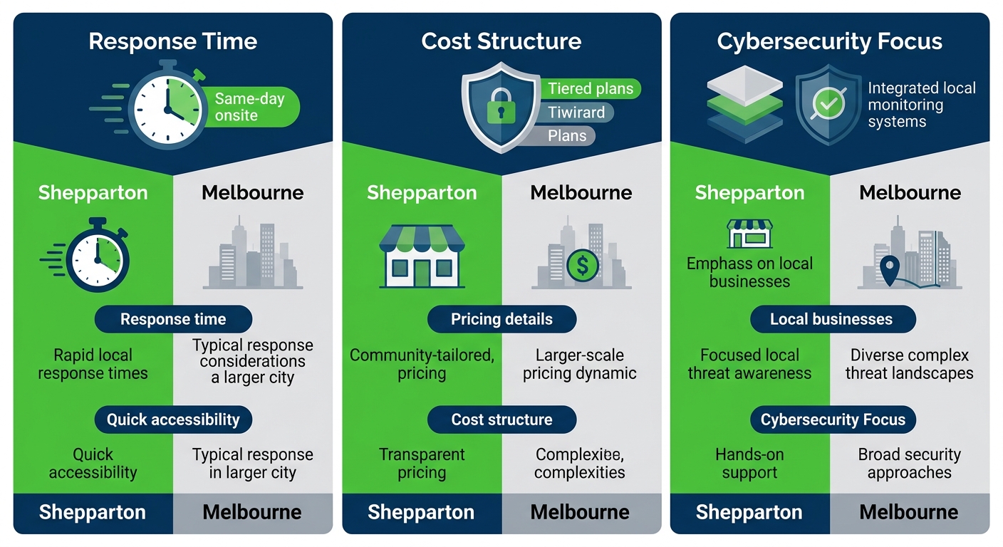 Infographic comparing Response Time, Cost Structure, and Cybersecurity Focus between Shepparton regional and Melbourne metro IT services