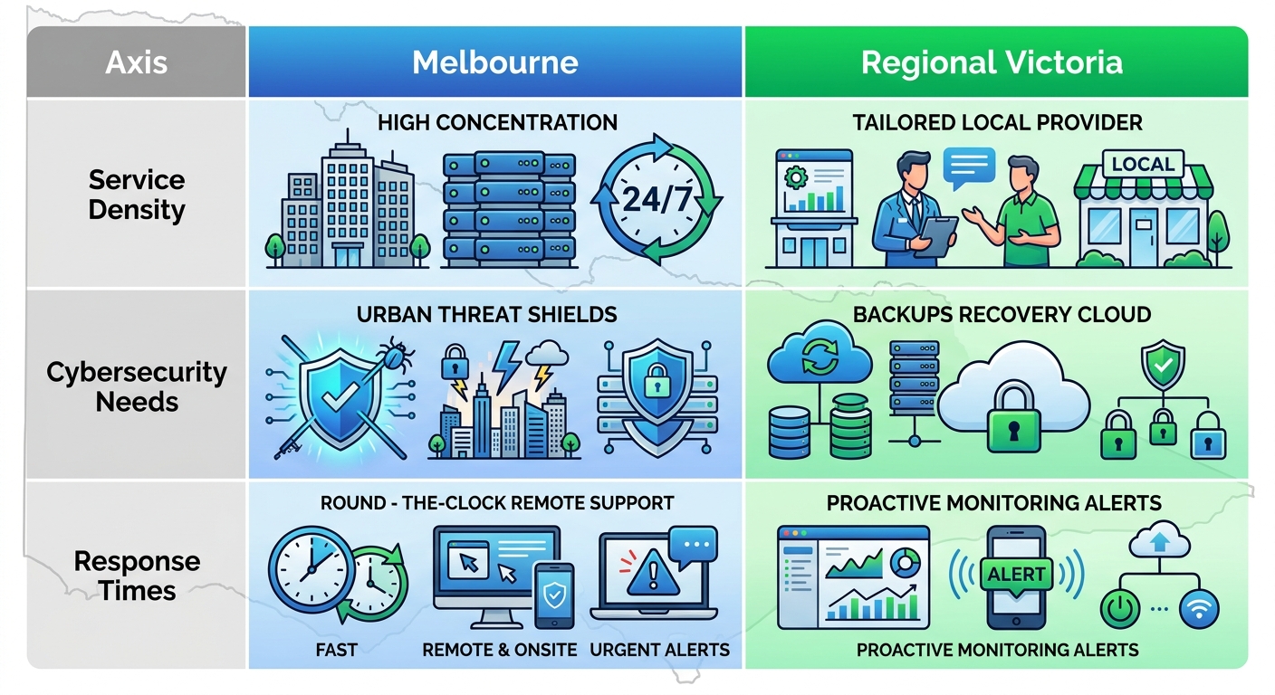 Infographic comparing managed IT services in Melbourne versus Regional Victoria: service density, cybersecurity needs, and response times using icons in blue and green columns with Victoria map background