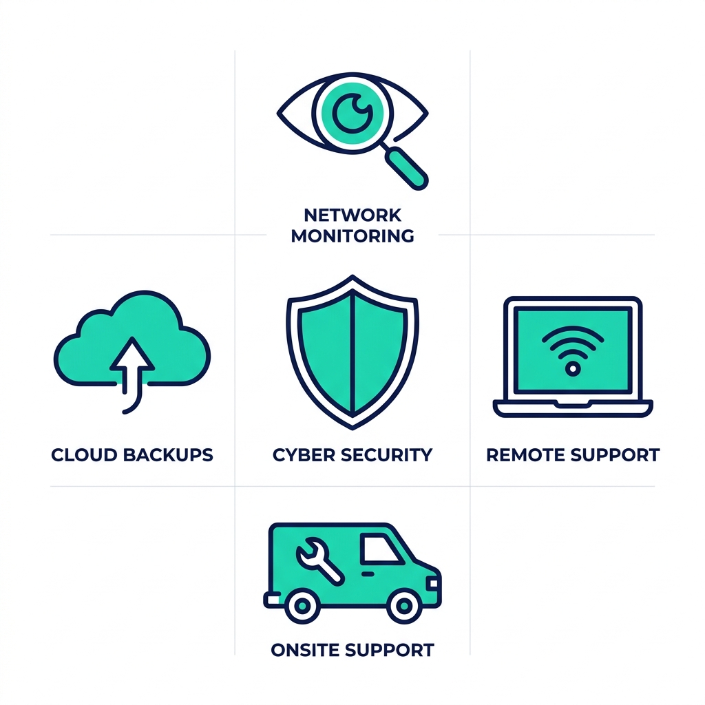 Icon grid showing managed IT package components: cyber security, monitoring, backups, remote and onsite support.