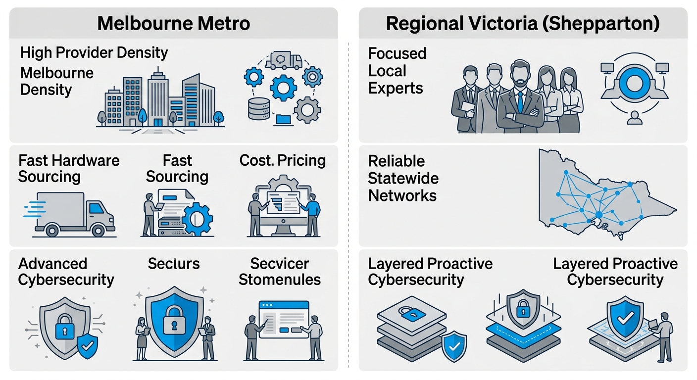 Side-by-side infographic comparing IT procurement in Melbourne Metro versus Regional Victoria like Shepparton, with icons for providers, sourcing speed, and cybersecurity features.
