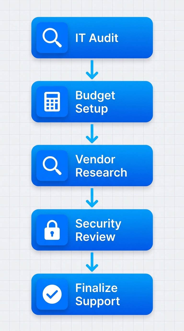 Vertical process flow diagram of 5 IT procurement stages in Melbourne: audit, budget, research, security review, and finalization with icons and arrows