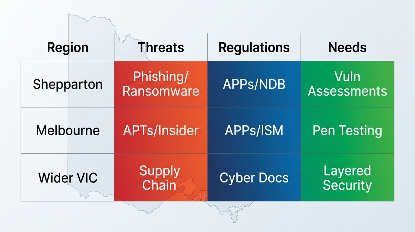 Infographic table of cyber security priorities by Victorian regions: threats, regulations, and consulting needs for Shepparton, Melbourne, and wider regional VIC.
