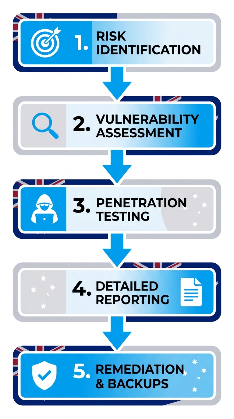 Vertical process flow diagram illustrating five stages of cyber security consulting implementation in Victoria: risk identification, vulnerability assessment, penetration testing, reporting, and remediation.