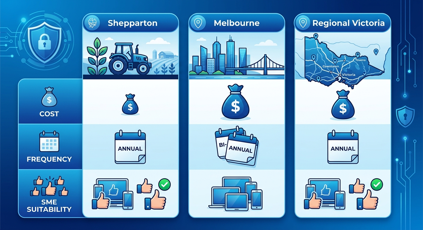 Infographic comparing penetration testing costs, frequency, and SME suitability across Shepparton, Melbourne, and Regional Victoria with location icons and security motifs.