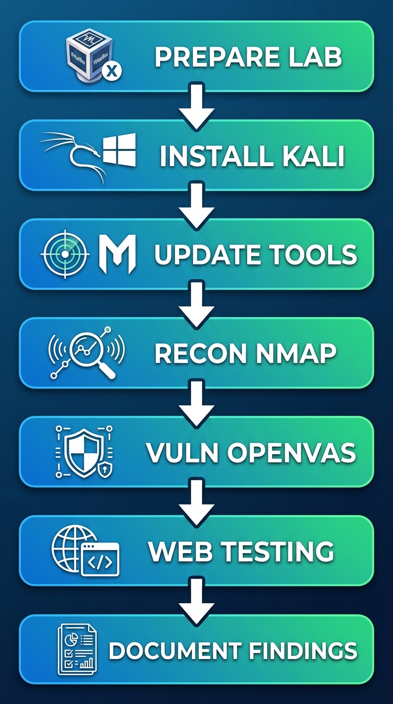 Vertical process flow diagram with 7 connected steps for setting up local penetration testing, featuring icons for VirtualBox, Kali Linux, Nmap, OpenVAS, and more.
