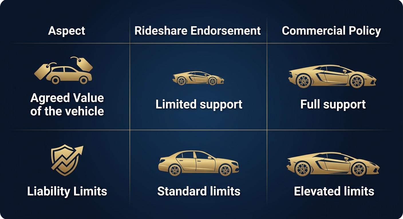 Infographic comparing rideshare endorsement and commercial policy for exotic vehicles in luxury auto insurance, highlighting agreed value and liability limits
